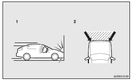 Mitsubishi Lancer: Deployment of front airbags and driver’s knee airbag. 1- Head-on collision with a solid wall at a speed of approximately 25 km/h (16