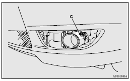 Mitsubishi Lancer: Front fog lamps (Type 1). 3. Push the connector (D) to disconnect and remove the fog lamp.