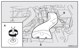 Mitsubishi Lancer: Removing and installing the battery upper cover (Petrol-powered vehicles equipped
with turbocharger). 2. Turn the plastic nuts (C) anticlockwise, and then remove the battery upper