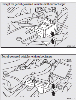 Mitsubishi Lancer: Checking battery electrolyte level. The electrolyte level must be between the specified limit on the outside of the