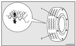 Mitsubishi Lancer: Wheel condition. 1- Location of the tread wear indicator