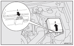 Mitsubishi Lancer: Fuse block location. 1- Push the knob.