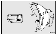 Mitsubishi Lancer: To lock without using the key. Set the inside lock knob (1) to the locked position, and close the door (2).