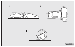 Mitsubishi Lancer: Deployment of front airbags and driver’s knee airbag. 1- Rear end collisions