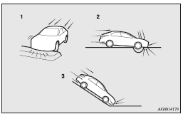 Mitsubishi Lancer: Deployment of front airbags and driver’s knee airbag. 1- Collision with an elevated median/island or kerb