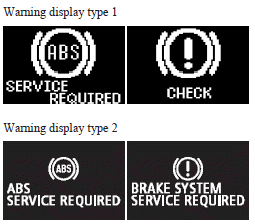 Mitsubishi Lancer: If the warning lamp/display illuminate while driving. The ABS and brake force distribution function may not work, so hard braking could