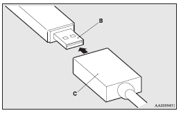 Mitsubishi Lancer: How to connect a USB memory device. 4. Connect the connector cable (C) to the USB input terminal (D).